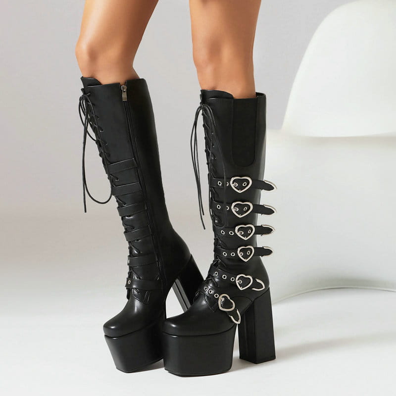 Unisex High Heel Punk Front Lace-up Multi Buckle High Leg