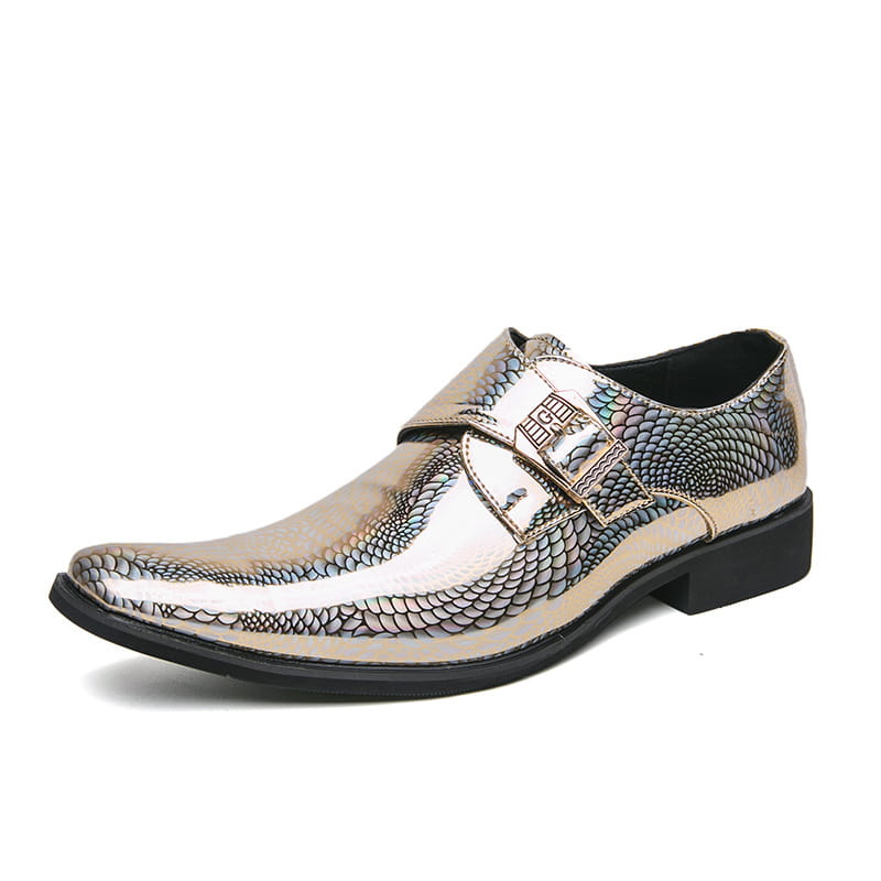 Metallic snake print dress shoes with buckle detail for a stylish, eye-catching look.