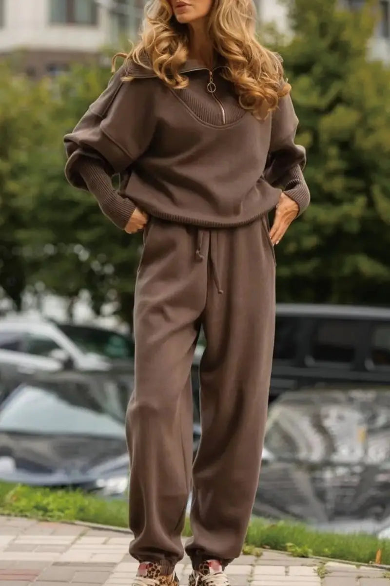 Brown women’s zipper sweatshirt and drawstring pants two-piece set in Plus Sizes 3XL 4XL 5XL