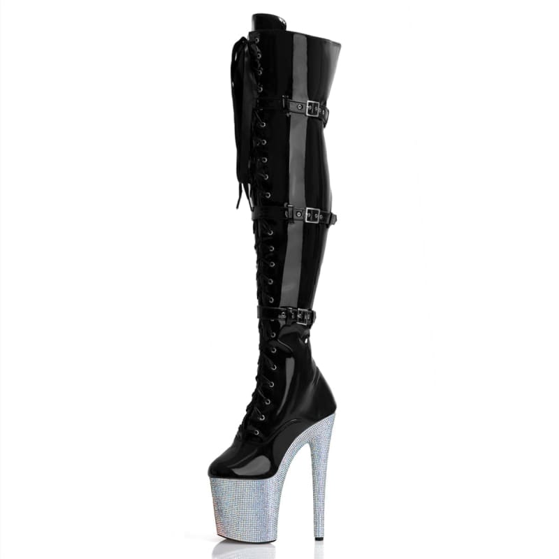 8inch Rhinestones 20cm Over The Knee Boots Pole Dance Shoes Belt Buckle Thigh High Boots With Rhinestone Encrusted Platform - Pleasures and Sins