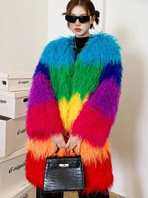 Niche Rainbow Winter Faux Fur Coat Loose Long Jacket Shaggy Outerwear - Pleasures and Sins   Pleasures and Sins