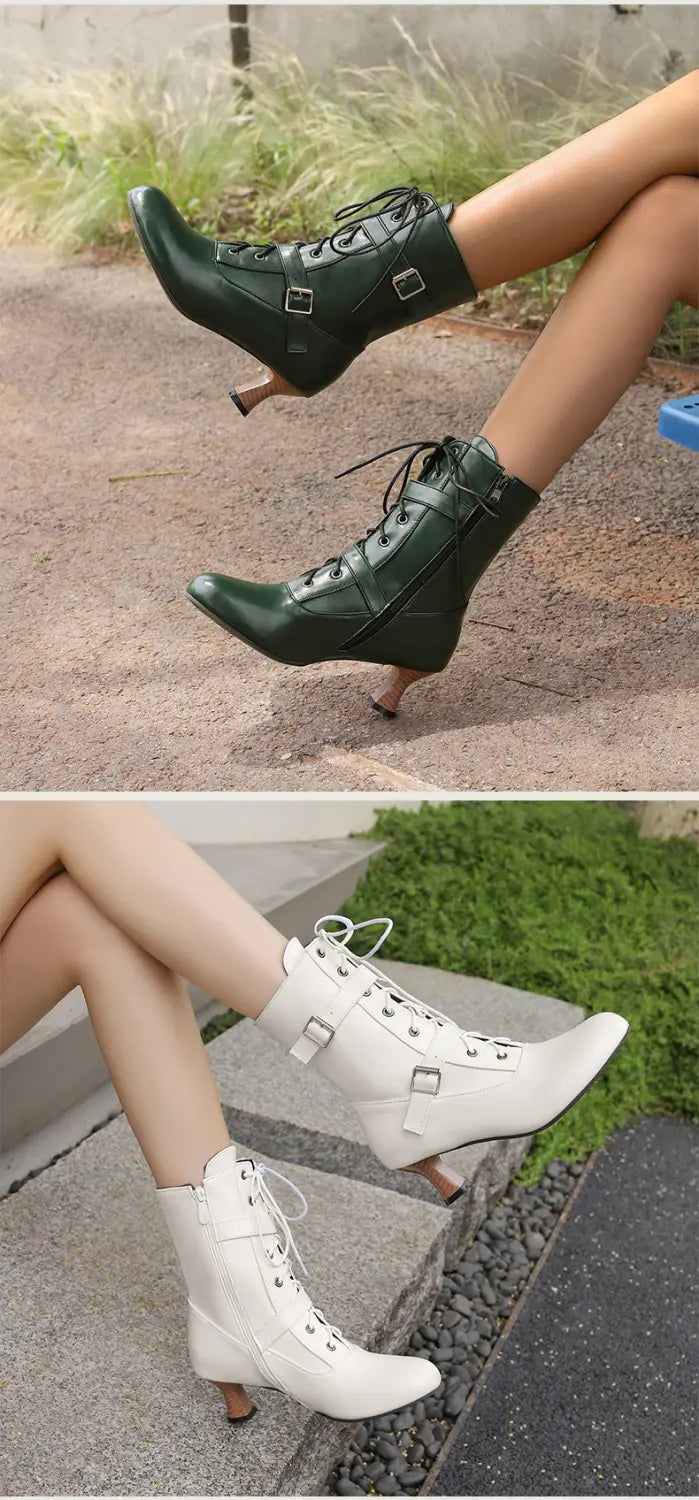 Victorian-style mid heel lace-up ankle boots in black and white for trendy ladies.