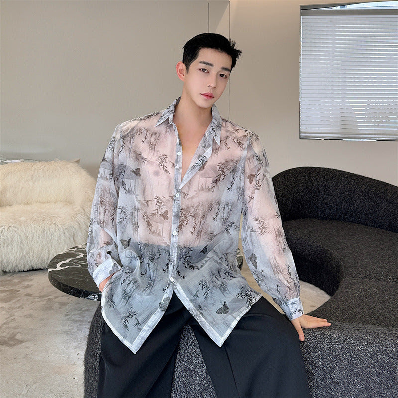 New traditional Chinese style landscape, bamboo flower pattern shaped shirt for men