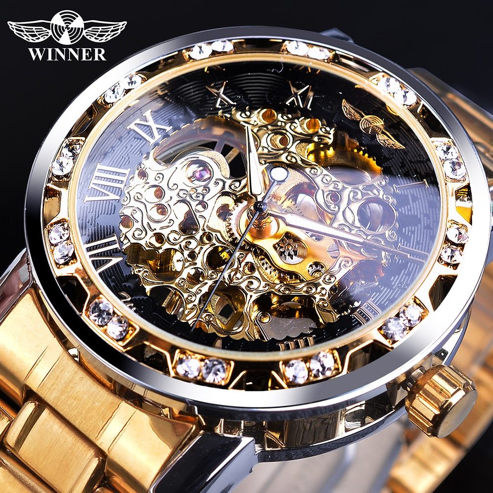 Mens Rhinestone Roman Analog Skeleton Mechanical Stainless Steel Luminous Watch - Pleasures and Sins   Pleasures and Sins