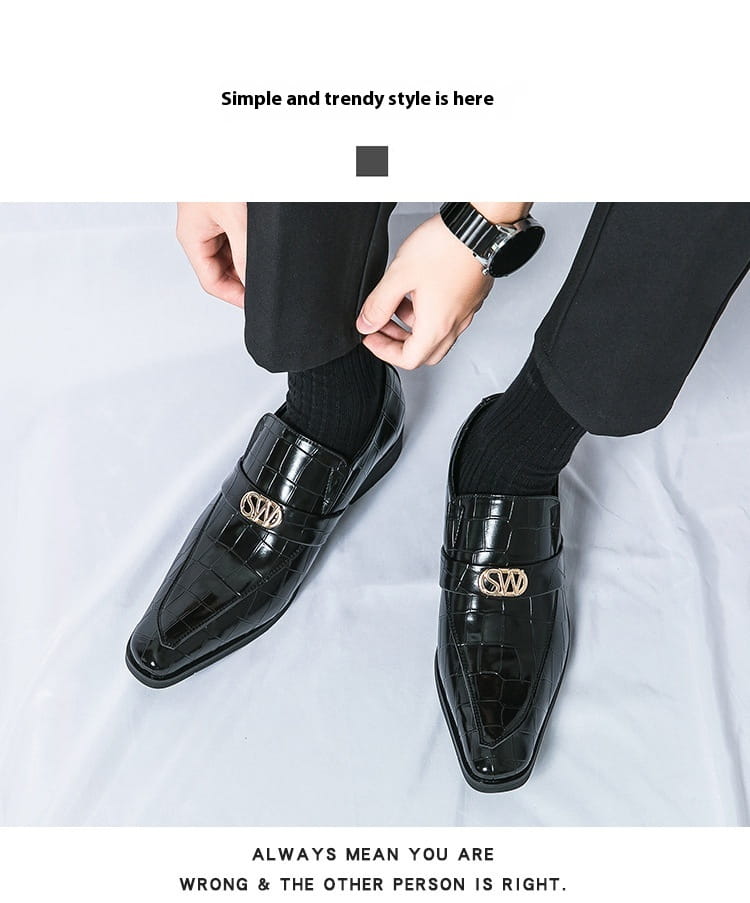 Glossy black patent leather men’s pointed toe crocodile pattern casual shoes with hardware.