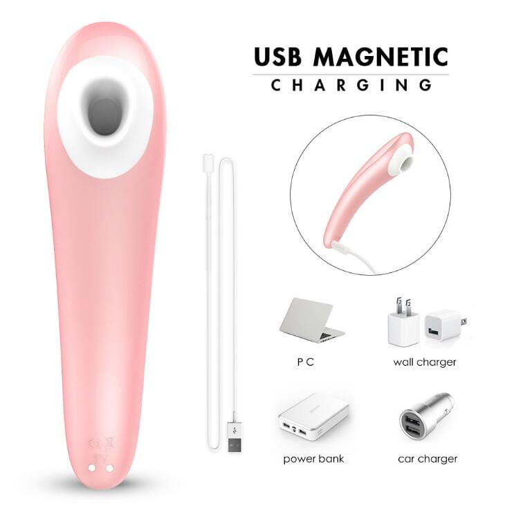 Pink USB-rechargeable Curved Nipple and Clitoris Stimulator with suction and vibration.