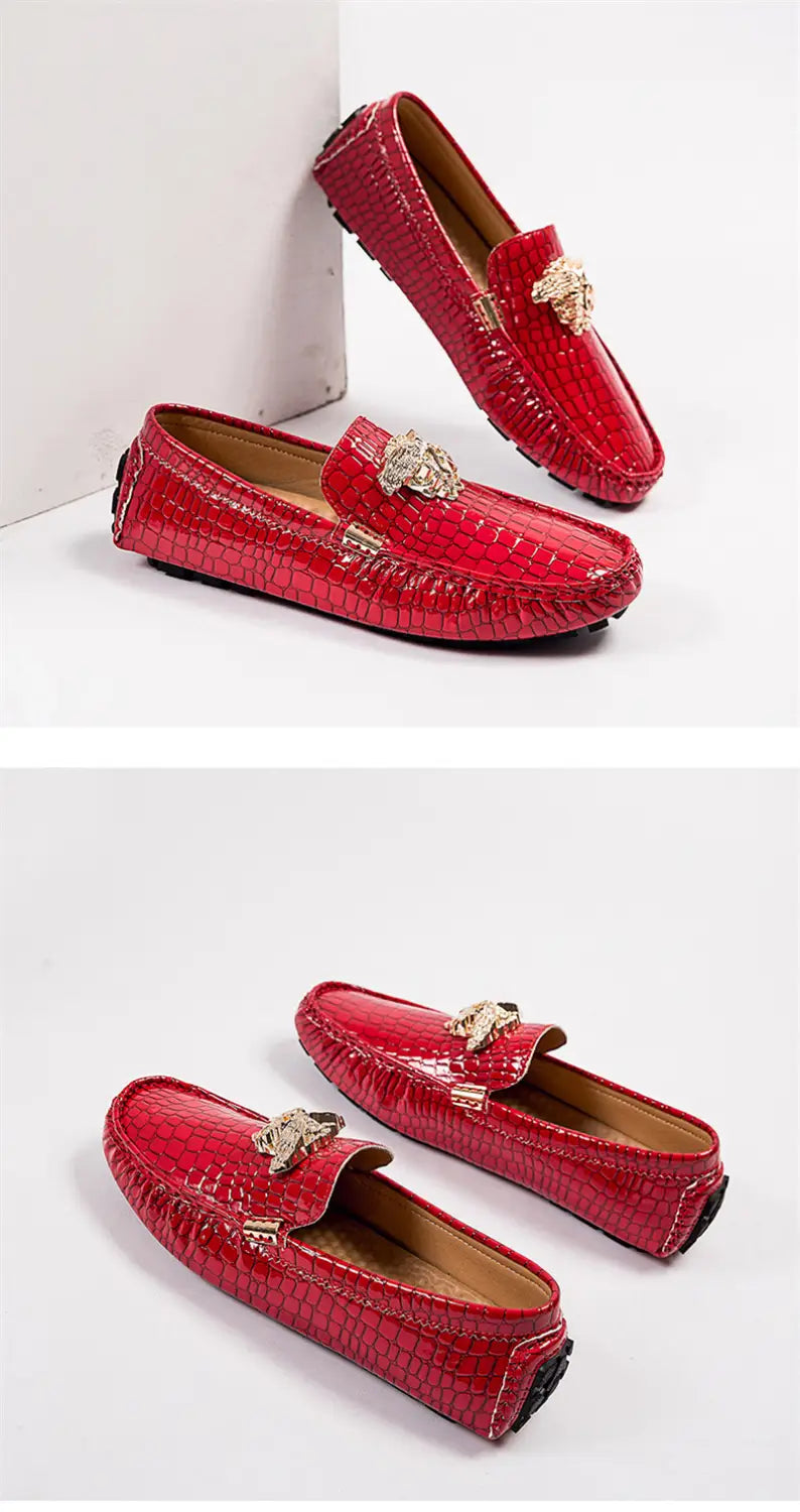 Red crocodile print loafers with gold buckles perfect for stylish steps.