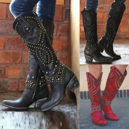 Ladies Western Cowgirl Boots With Rivet Detail and Chunky Heels Boots Pleasures and Sins.