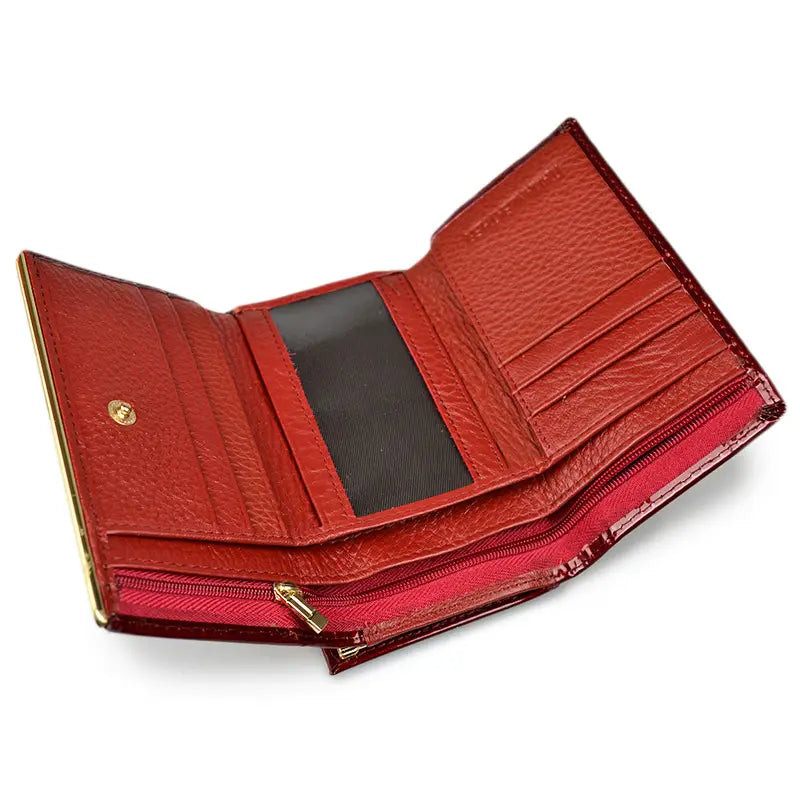 Stylish Wine Red Patent Leather Crocodile Print Purse with card slots and a zip compartment.