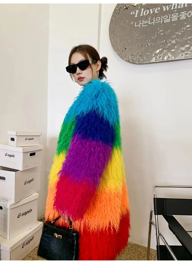 Winter Faux Fur Coat Shaggy Rainbow Outerwear