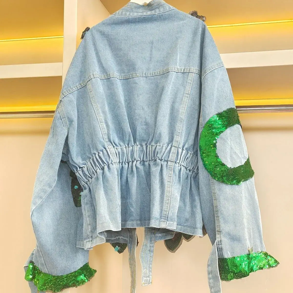 Womens V-neck 3D Peacock Sequined Embroidered Denim Jacket