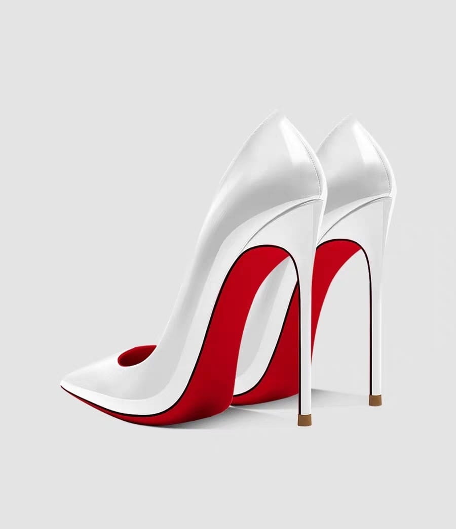 White stiletto heels with red soles from Pure Desire Luxury for effortless elegance.