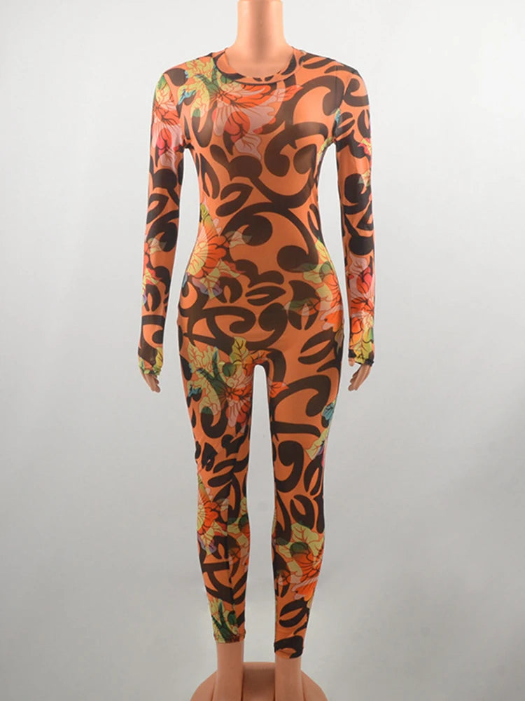 Long sleeved 3D cde printed multi-color patterned Bodycon jumpsuit - Pleasures and Sins   Pleasures and Sins