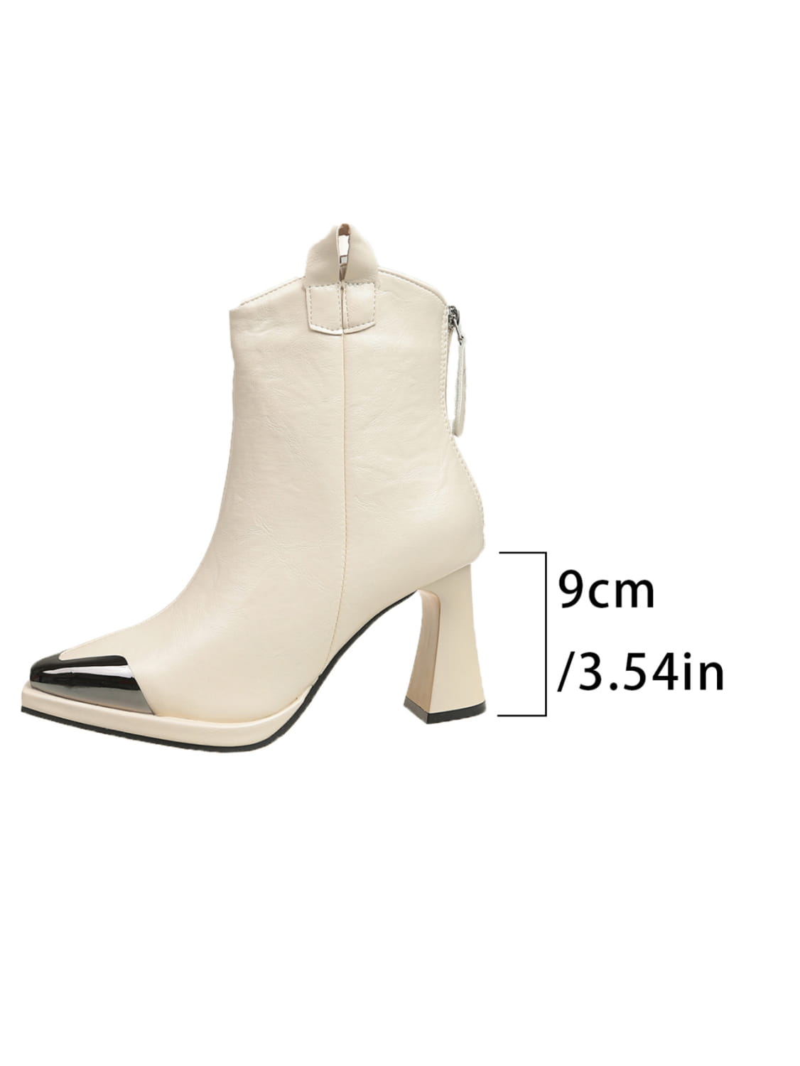 White ankle boot with metallic toe cap and chunky heel, perfect retro mid-calf boots vibe.