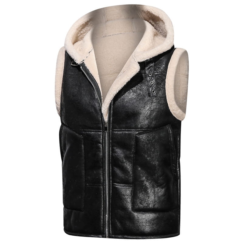 Mens Leather and Fur Lined and Hooded Zip Up Gilet Vest