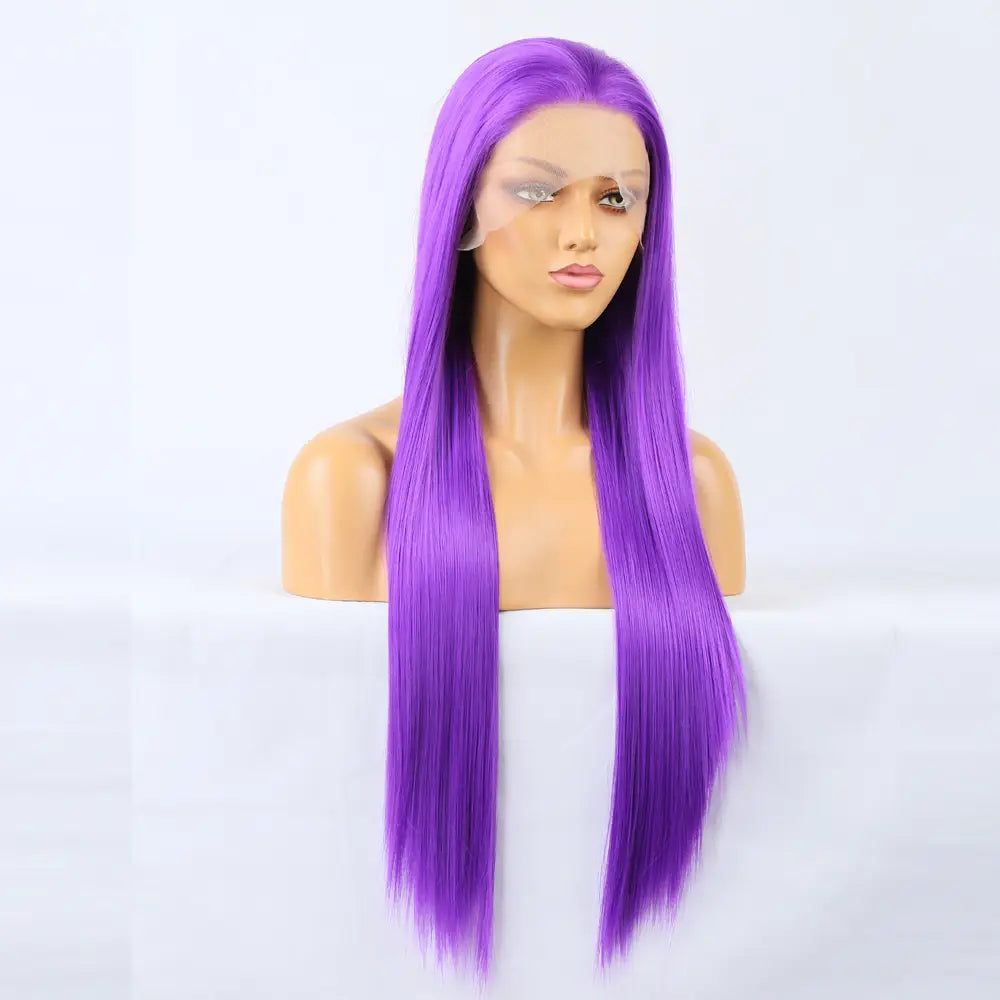 Long straight purple synthetic lace front wig for a bold, vibrant look.