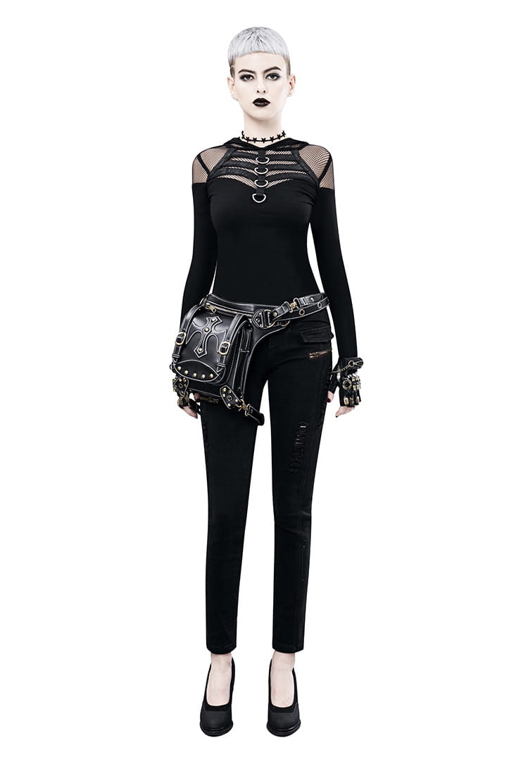 Gothic black outfit with mesh, chains, and a punk waistpack retro for edgy style.