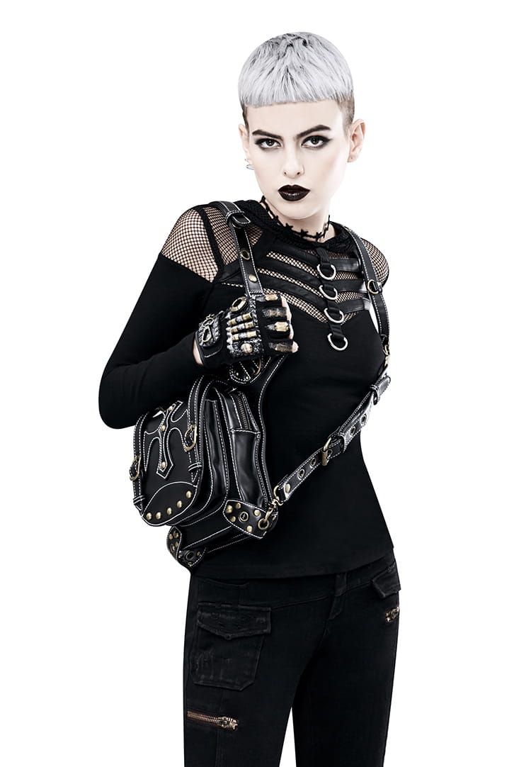 Black Gothic harness bag with buckles, perfect for a retro casual shoulder look.