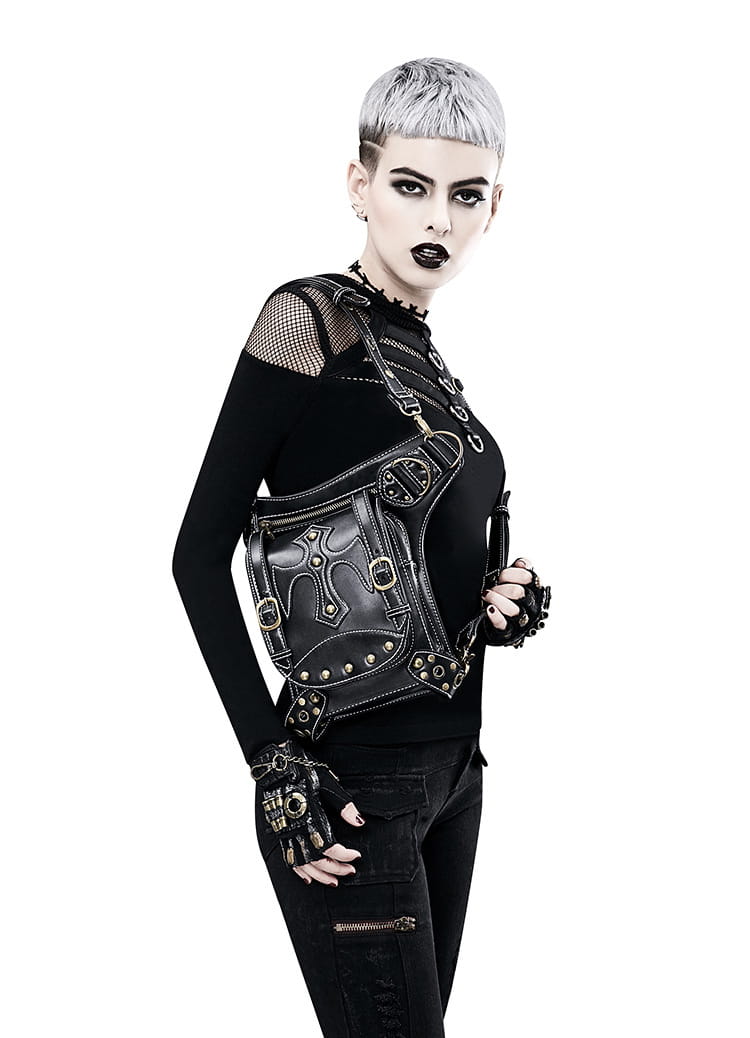 Gothic black leather punk waistpack retro with studs and cool decorative hardware.