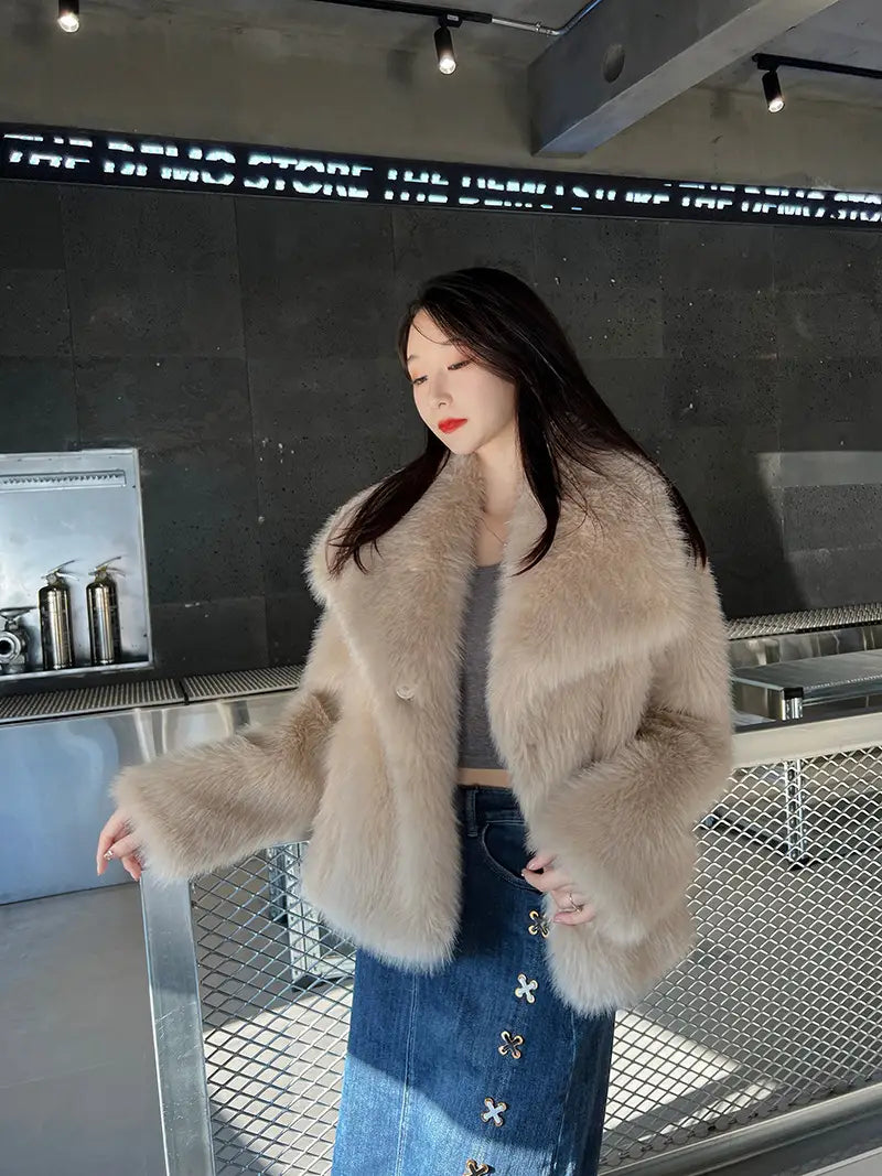 Ladies Large Lapel Fur Coat Elegant Long Sleeve Warm Fur