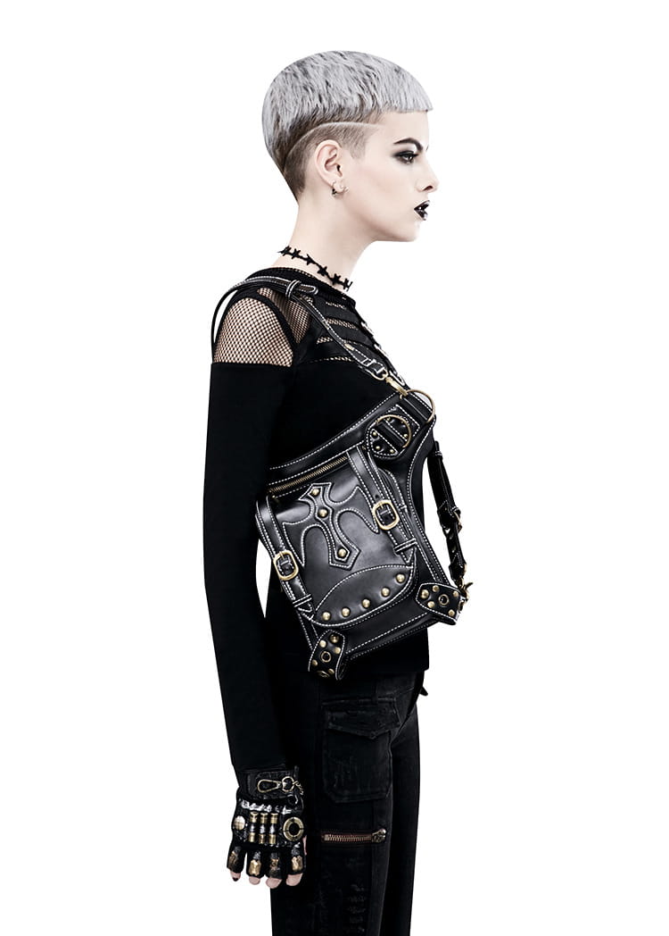 Gothic black leather punk waistpack retro bag with studs and ornate hardware.