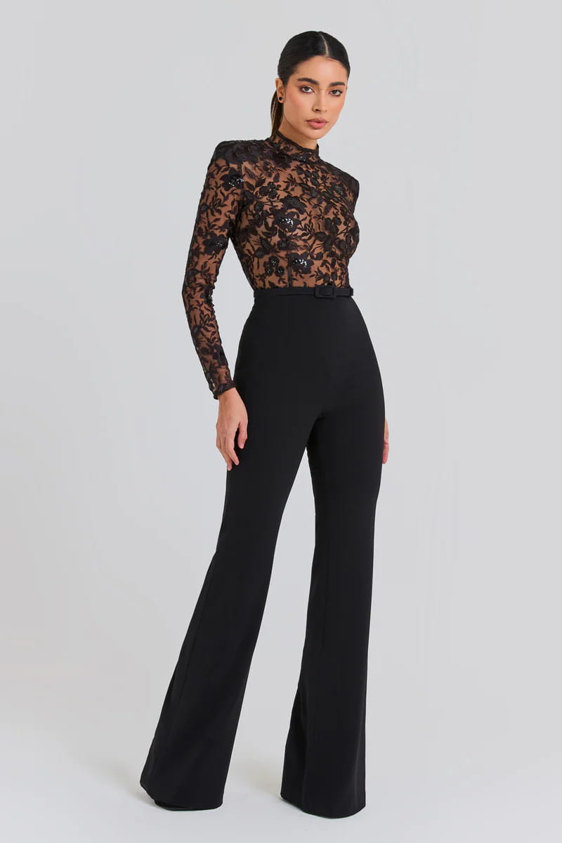 Womens sexy fashion see-through lace long-sleeved trouser