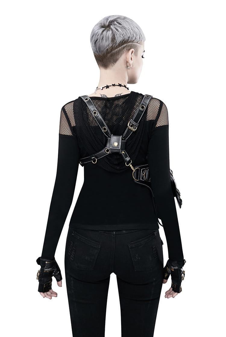 Black Gothic harness with mesh panels over a long-sleeved top and punk waistpack retro.