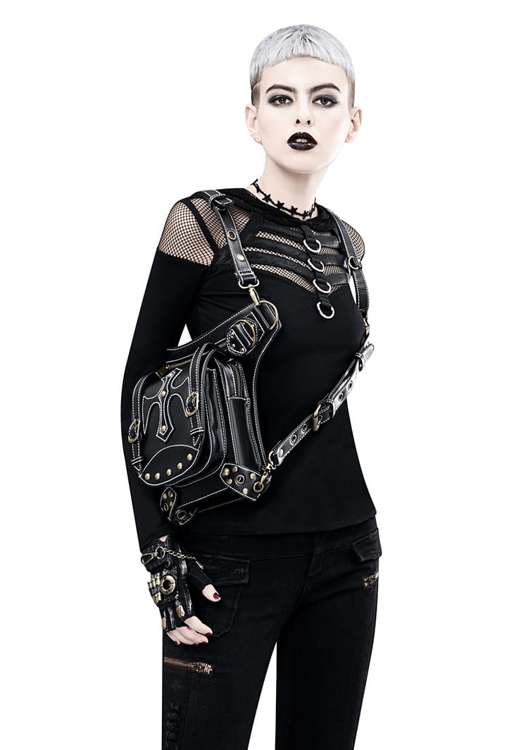 Gothic black sweater with mesh shoulders paired with a Black Leather Punk Waistpack Retro.