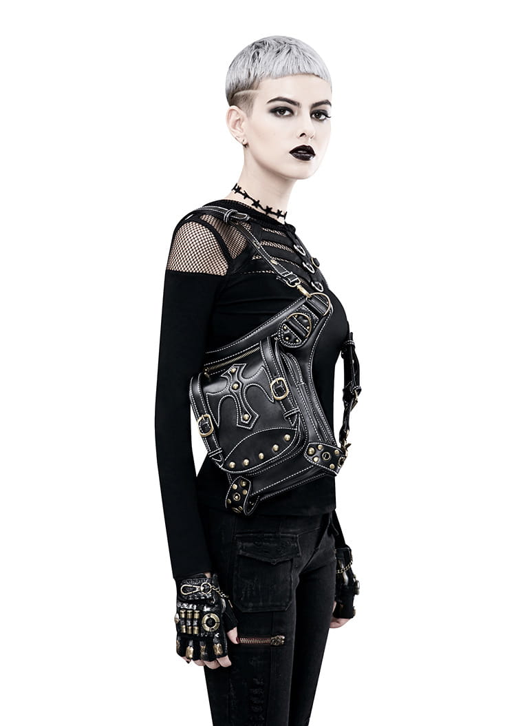 Gothic-style black leather harness on Black Leather Punk Waistpack Retro Shoulder Bag.