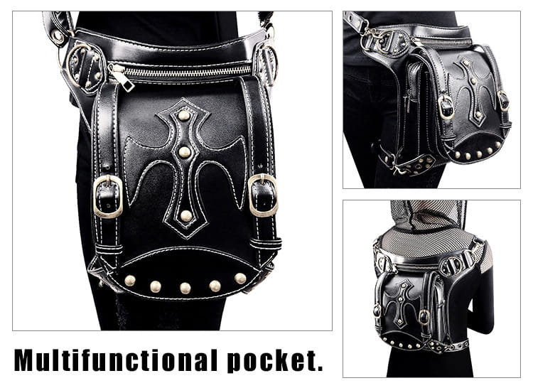 Black leather punk waistpack retro bag with cross design and metal studs.