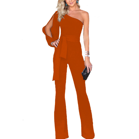 Womens Summer Casual Long Sleeve One Shoulder Wide Leg Jumpsuit - Pleasures and Sins   Pleasures and Sins