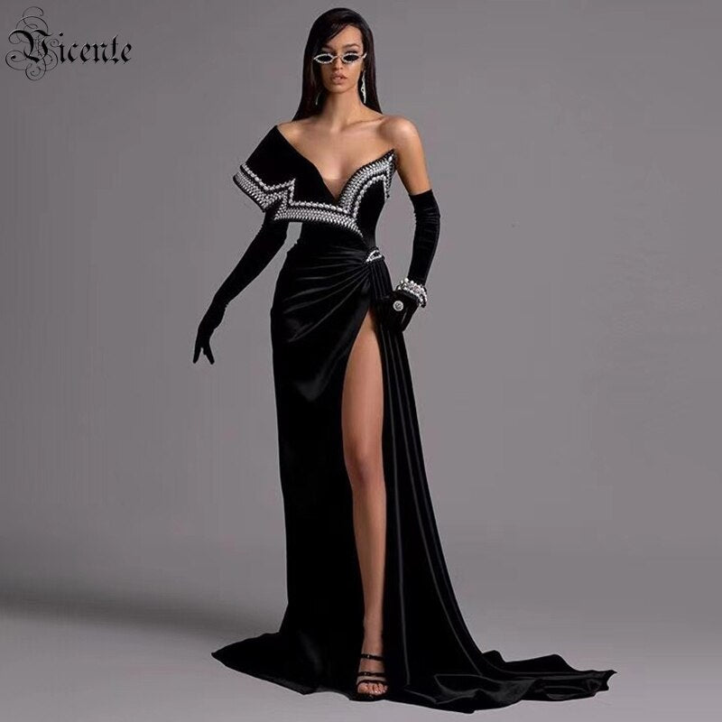 New One-Shoulder Beaded Beautiful Pleated Slim Long Slit Bandage Dress - Pleasures and Sins   Pleasures and Sins