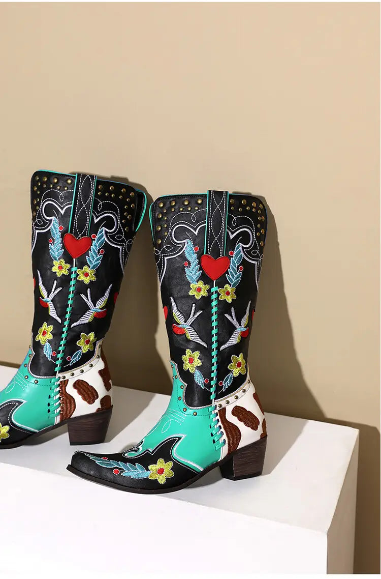 Ornate Turquoise and Black Women’s Western Boots with exquisite embroidery and floral design.