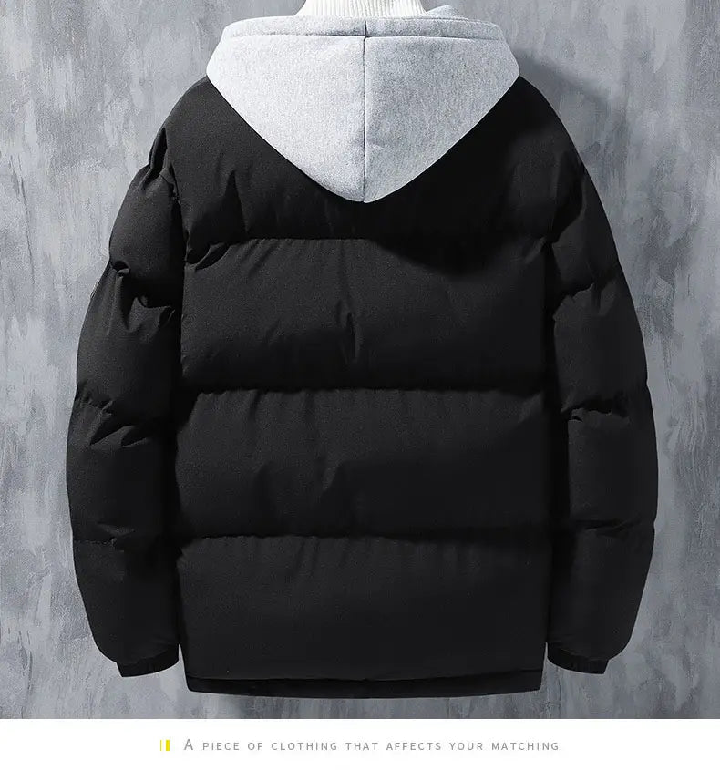 Black winter puffer jacket with gray hood, trendy windproof loose oversized style.