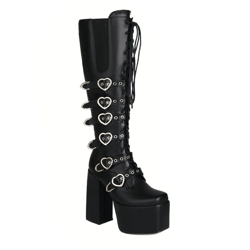 Unisex High Heel Punk Front Lace-up Multi Buckle High Leg