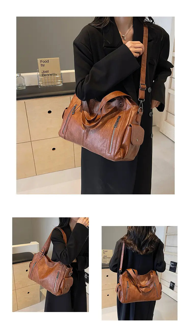 Sac messager de voyage en cuir marron pour dames avec compartiments et sangle.