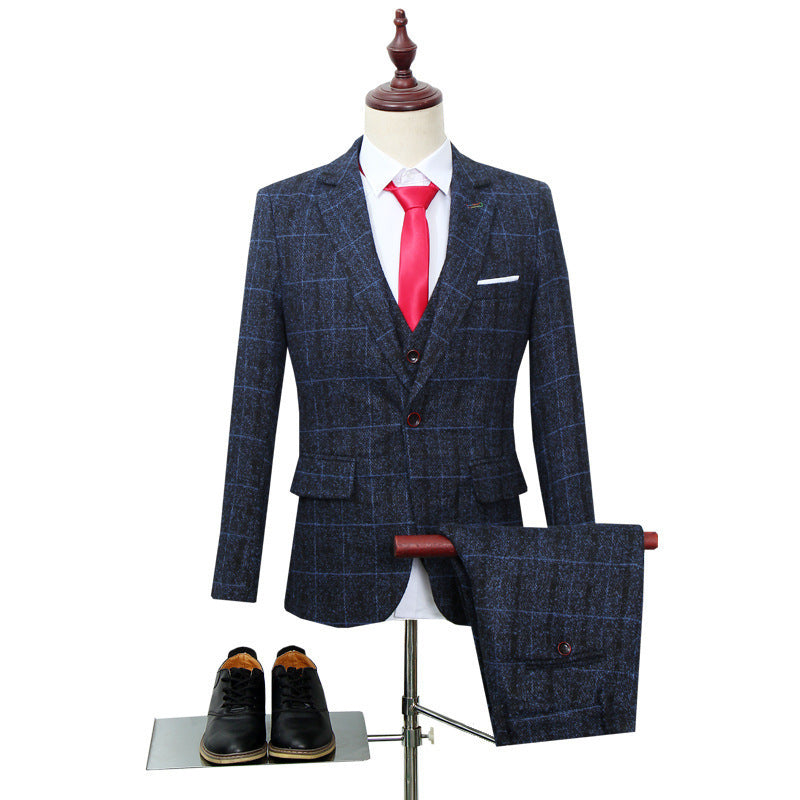 Men's Three-piece Slim-fitting English Style Checked Suit