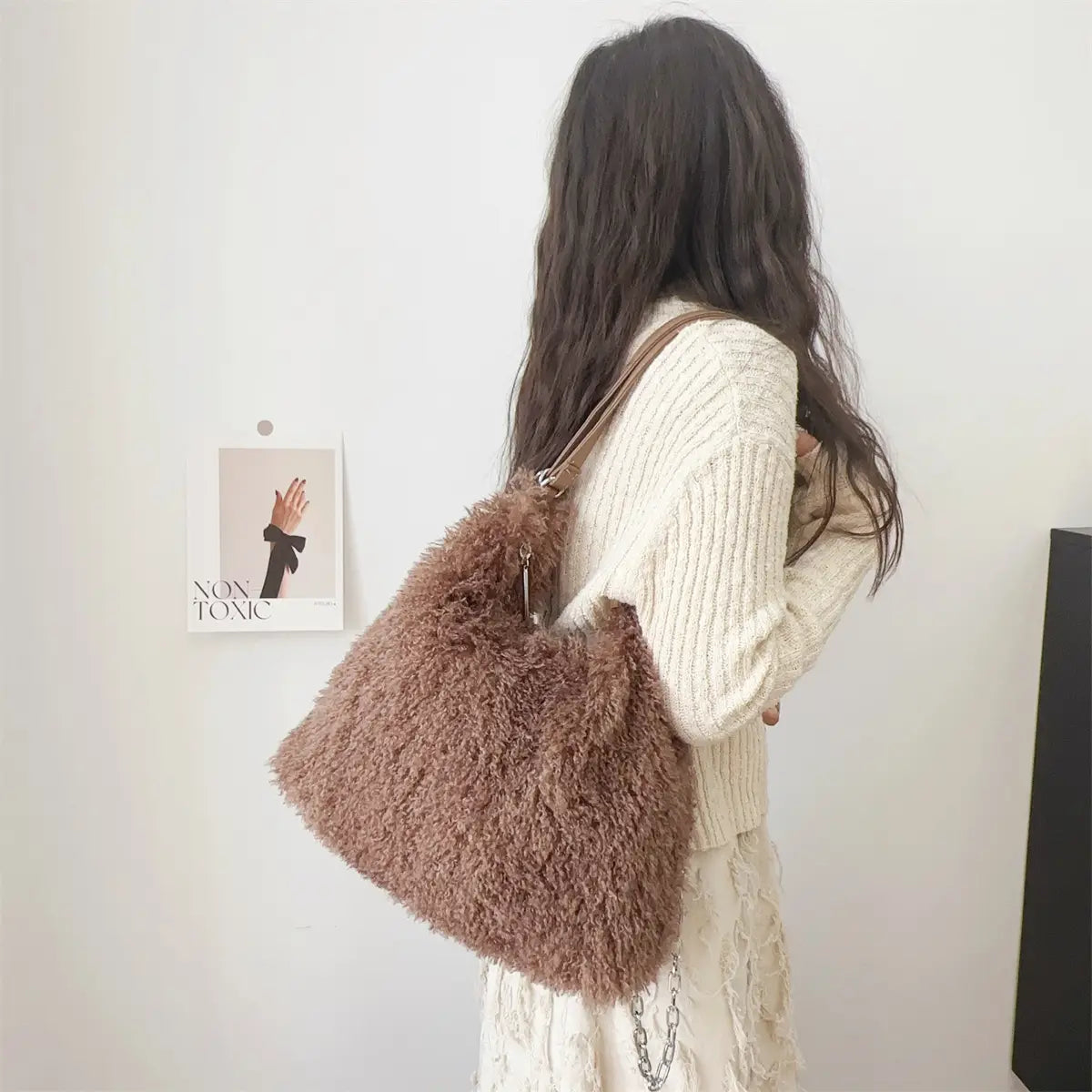 Fluffy brown faux fur shoulder bag from Plush Large Capacity collection for stylish practicality