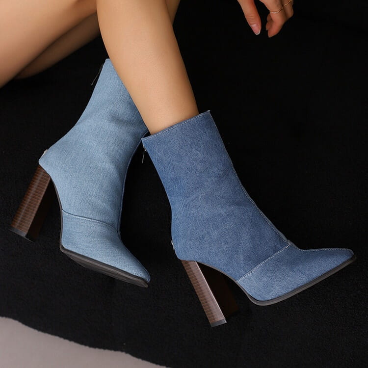 Blue suede drag queen high heel French style ankle boots with chic wooden block heels