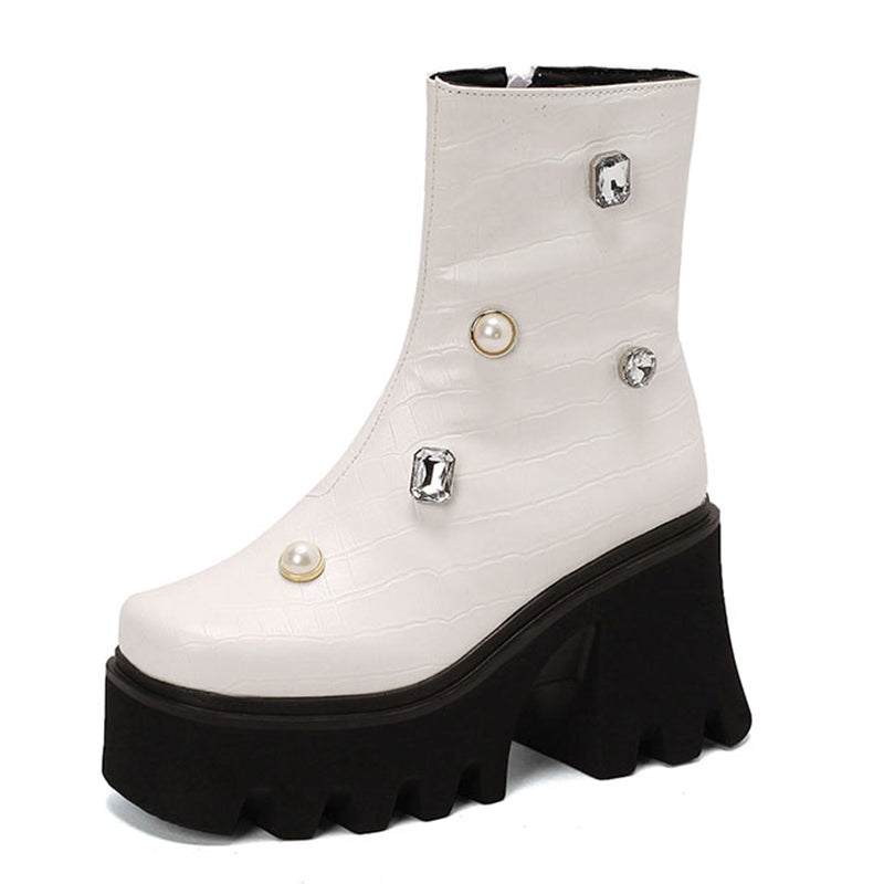 Rhinestone Thick Bottom British Style Square Toe Boots - Pleasures and Sins   Pleasures and Sins