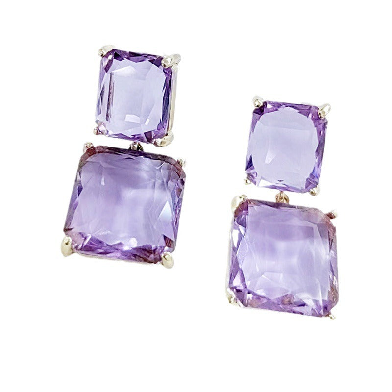 Geometric square crystal earrings, elegant purple long earrings