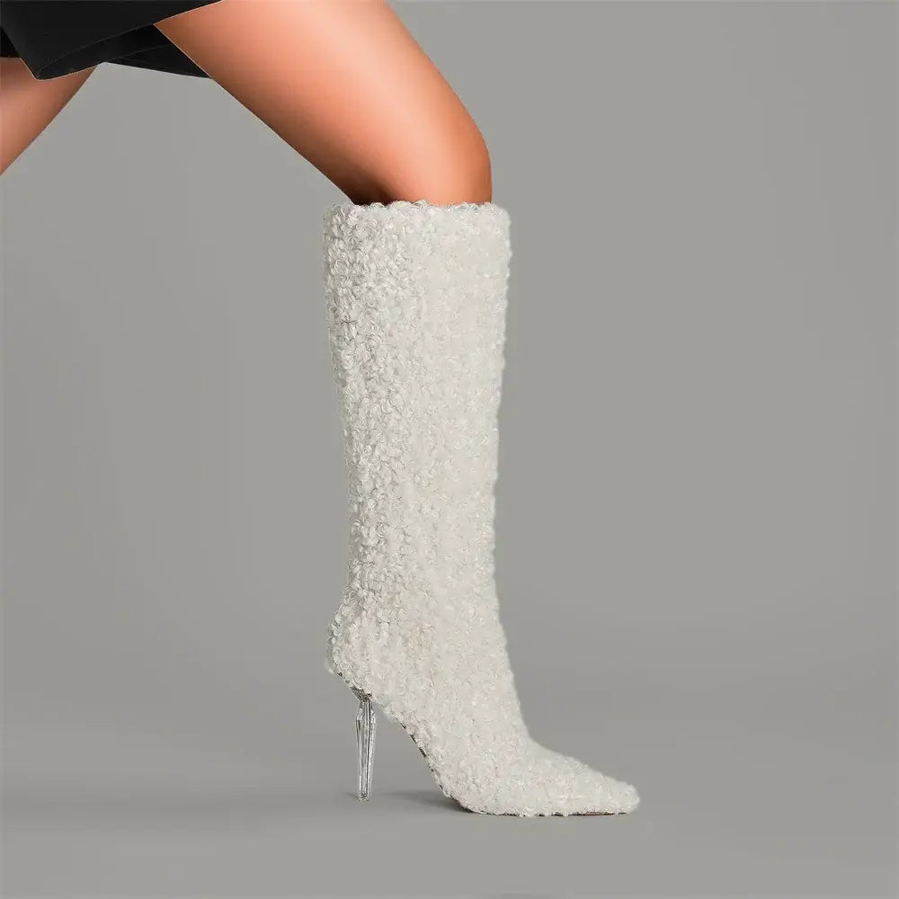 White lace knee high pointed toe boots with crystal transparent heel style and flair.