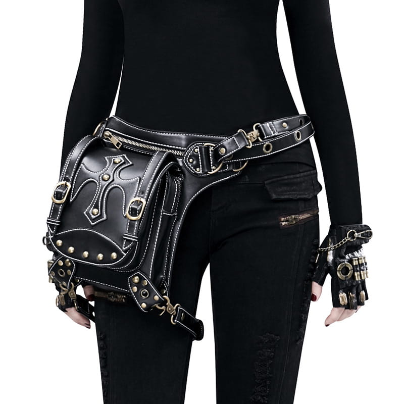 Gothic black leather punk waistpack retro with metal cross details and belt straps.