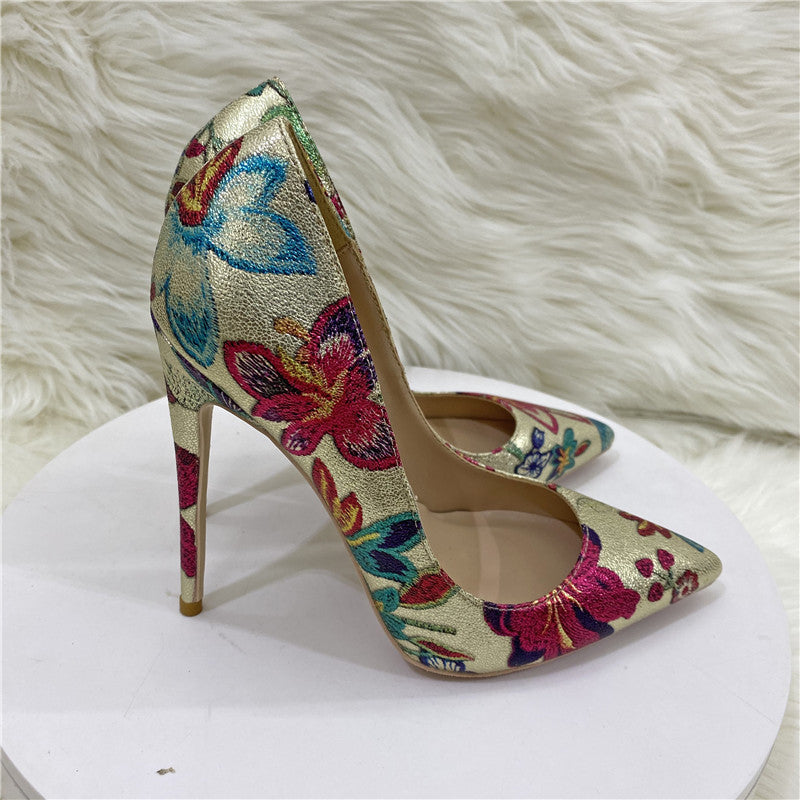 Gold Embroidered Floral High Heel Shoes - Pleasures and Sins   Pleasures and Sins