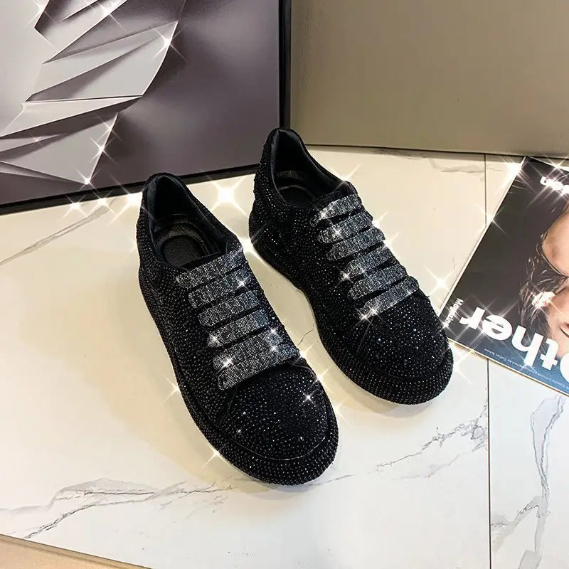 Black sparkly sneakers with rhinestone bling, perfect thick sole lace leisure shoes.