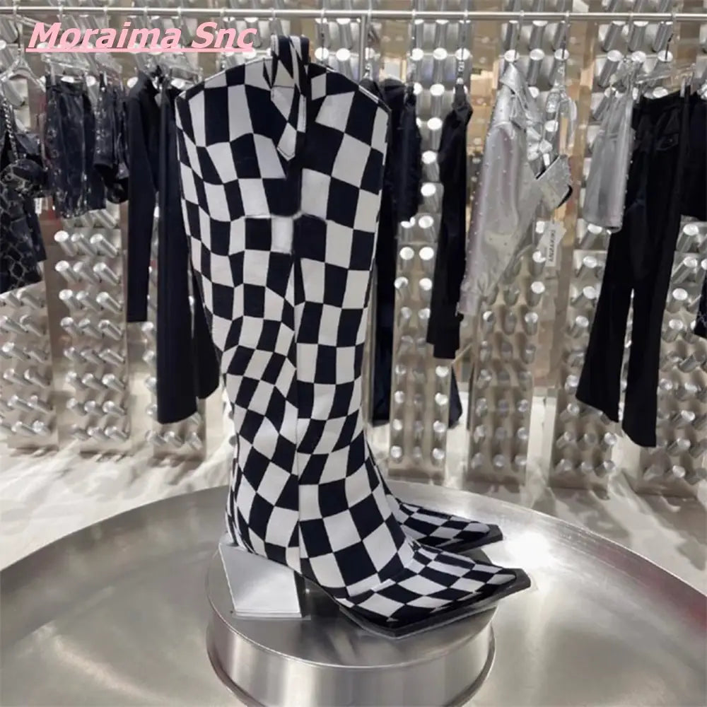 Black and white checkerboard pointed women’s boots with square heel for stylish looks