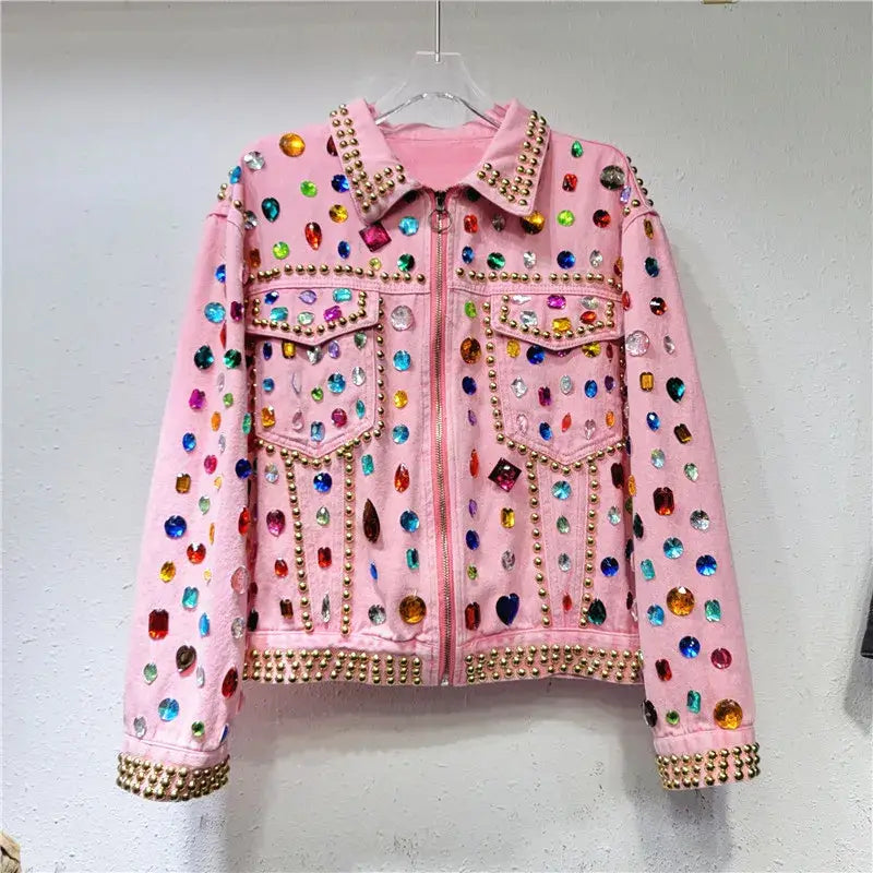 Heavy Rivet Beaded Diamond Pink Denim Jacket Long Sleeve