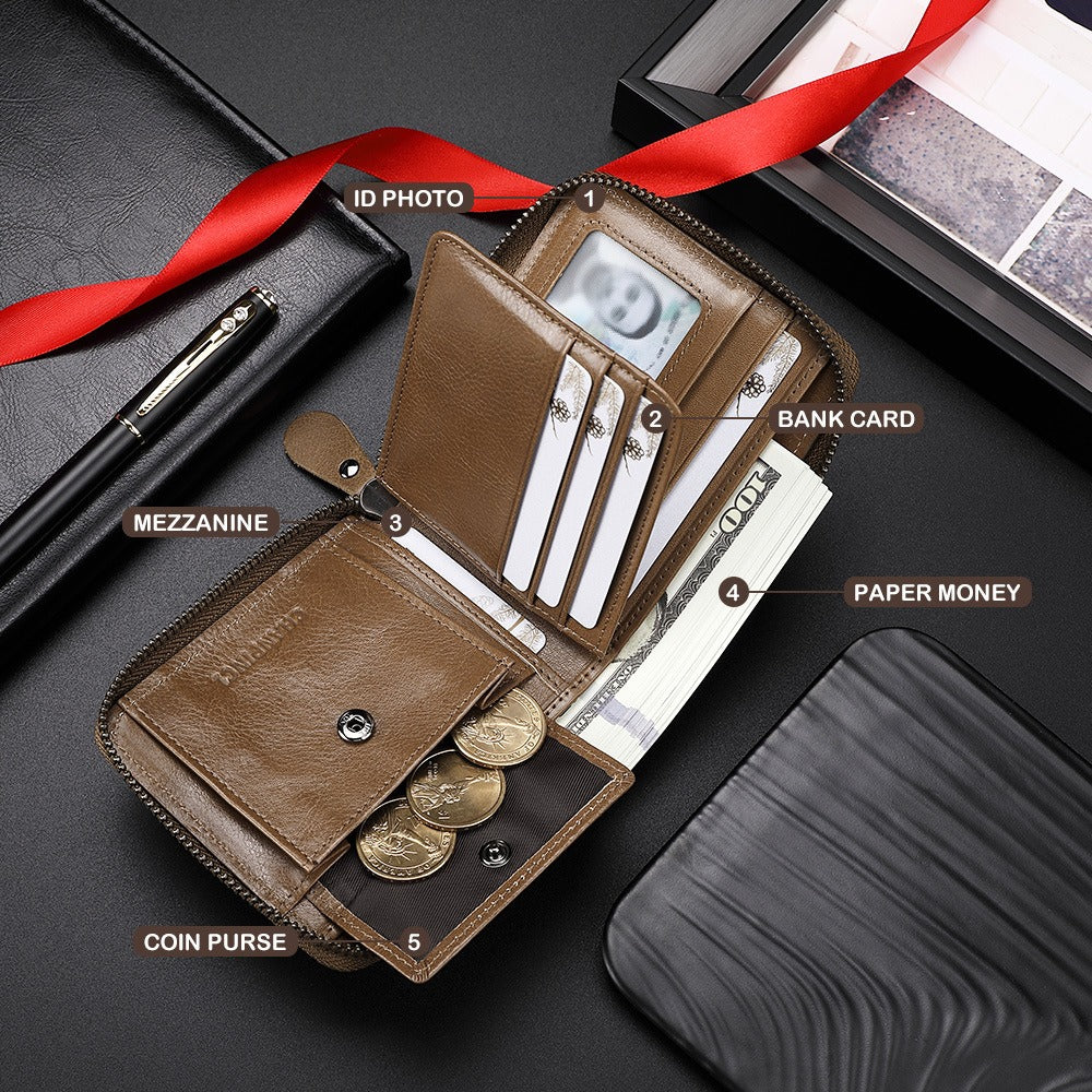 Mens Leather Wallet RFID Block Zipper Wallet Tri-Fold Horizontal - Pleasures and Sins   Pleasures and Sins