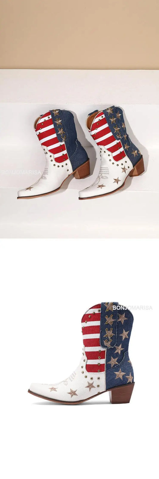 Stars and Stripes Western Ankle Boots For Women Pointed Toe