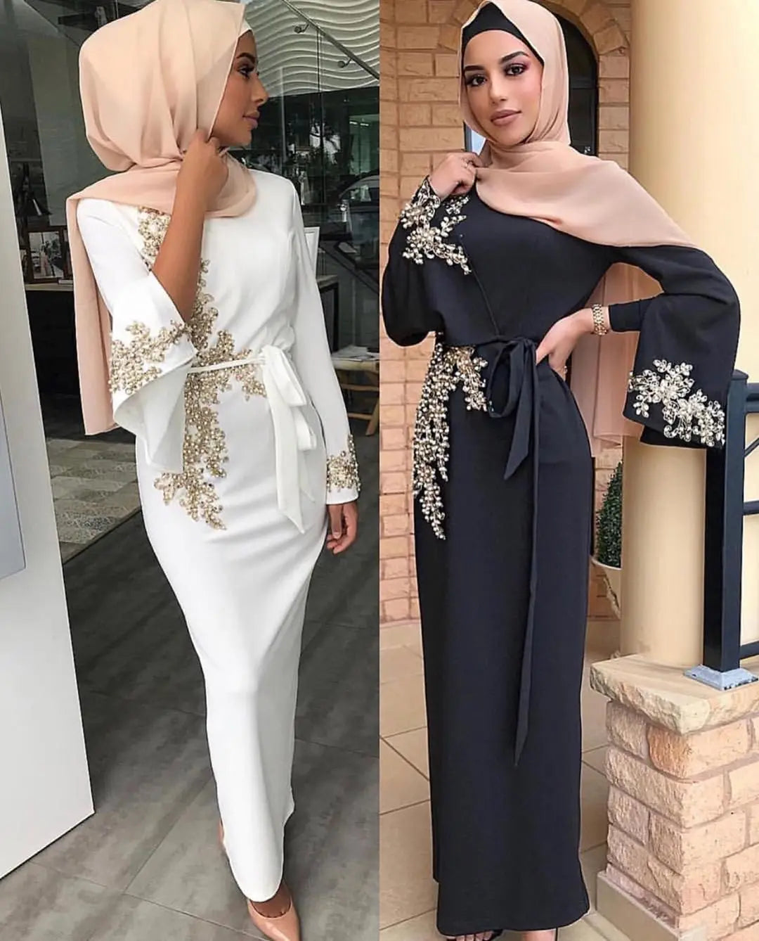 Two stylish ladies Muslim embroidered dresses with matching hijabs in black and white.